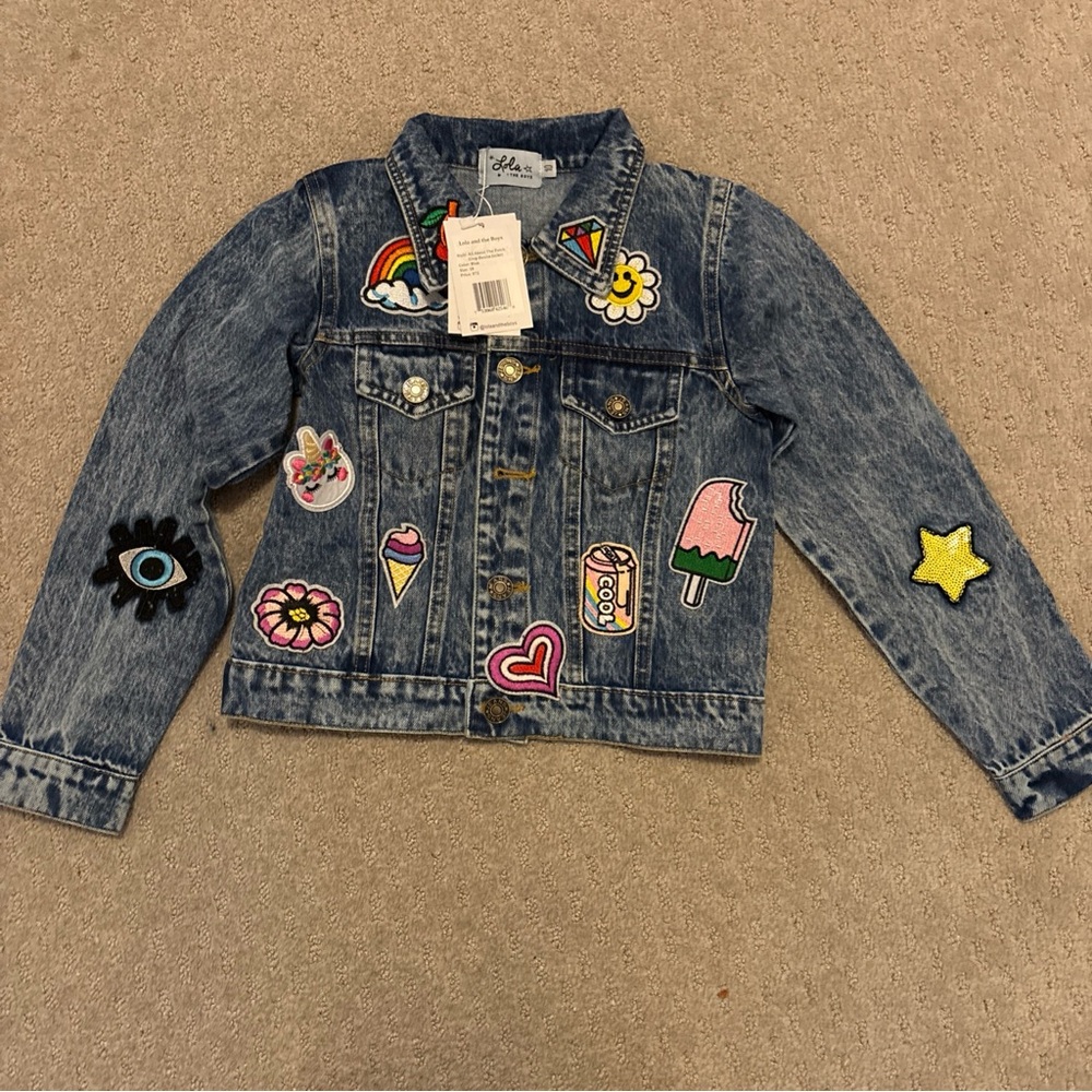 Lola + the boys Kids Denim Jacket with Colorful Patches size 10